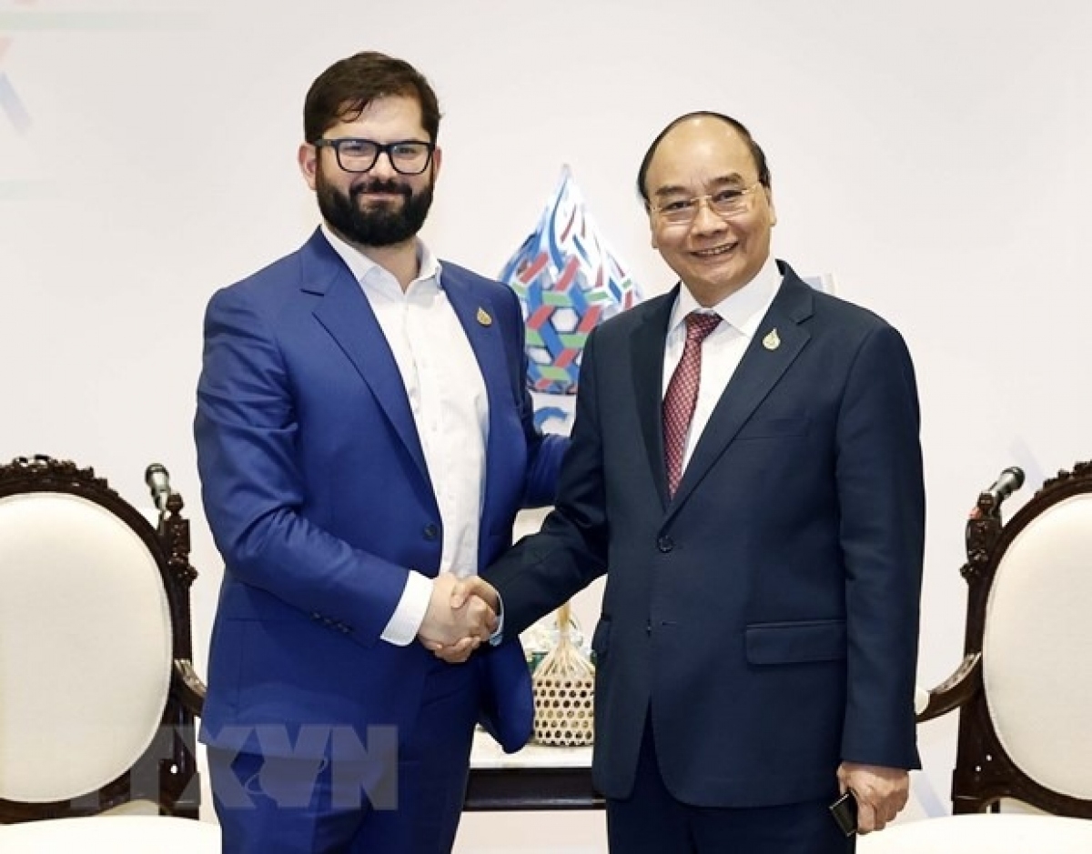 Chủ tịch nước Nguyễn Xuân Phúc gặp Tổng thống Chile Gabriel Boric. (Ảnh: Thống Nhất/TTXVN)