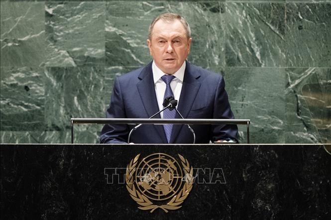 Ngoại trưởng Belarus Vladimir Vladimirovich Makei phát biểu tại Khóa họp 76 Đại hội đồng Liên hợp quốc ở New York, Mỹ, ngày 27/9/2021. Ảnh tư liệu: AFP/TTXVN