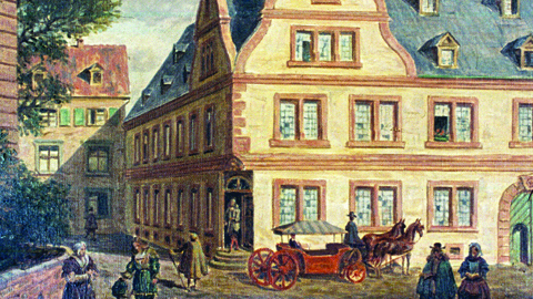 Một bức tranh lịch sử năm 1925 cho thấy địa điểm của hiệu thuốc Merck, được đặt ở đó từ năm 1668 đến năm