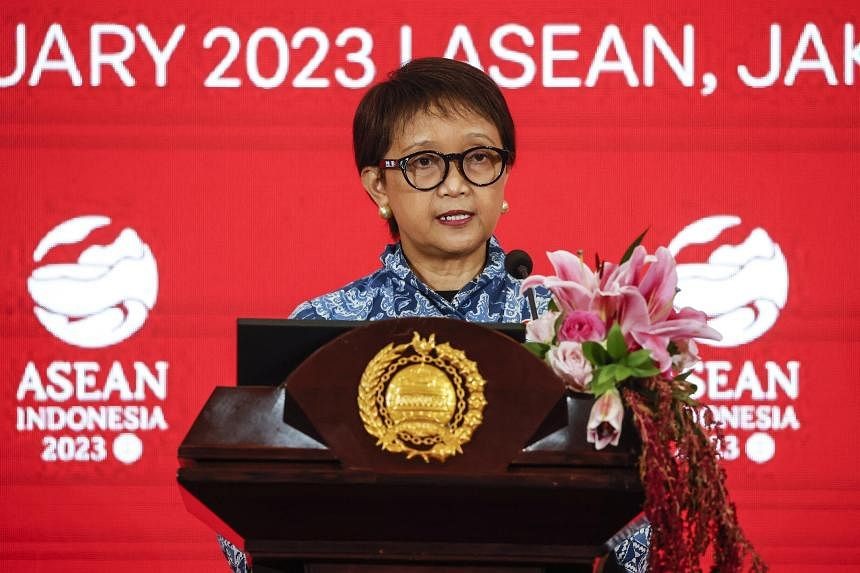 Indonesia's Foreign Minister Retno Marsudi delivers a press statement after the ASEAN Foreign Ministers Retreat in Jakarta, on Feb 4, 2023. PHOTO: EPA-EFE